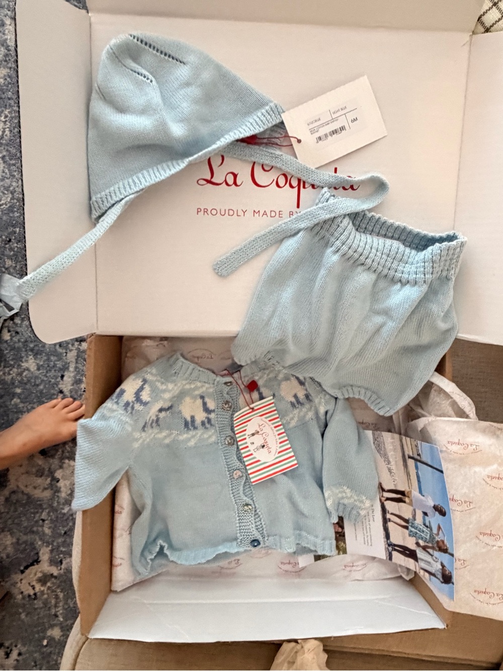 La Coqueta Baby Blue Knit Sweater, Hat & Bloomers Set